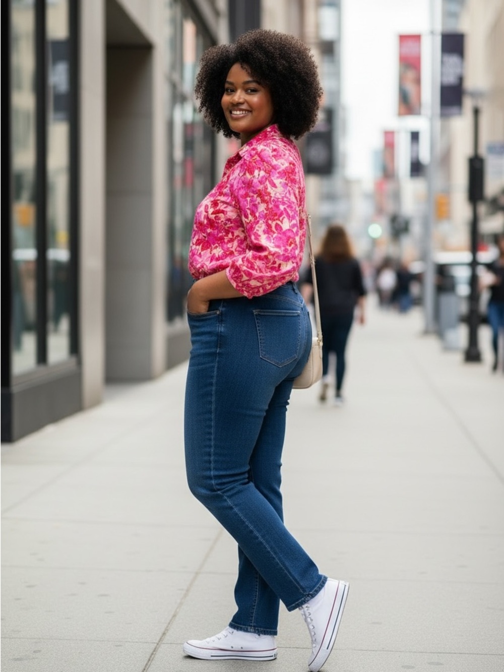 Entro Large Pink Floral Collared Long Sleeve Bodysuit